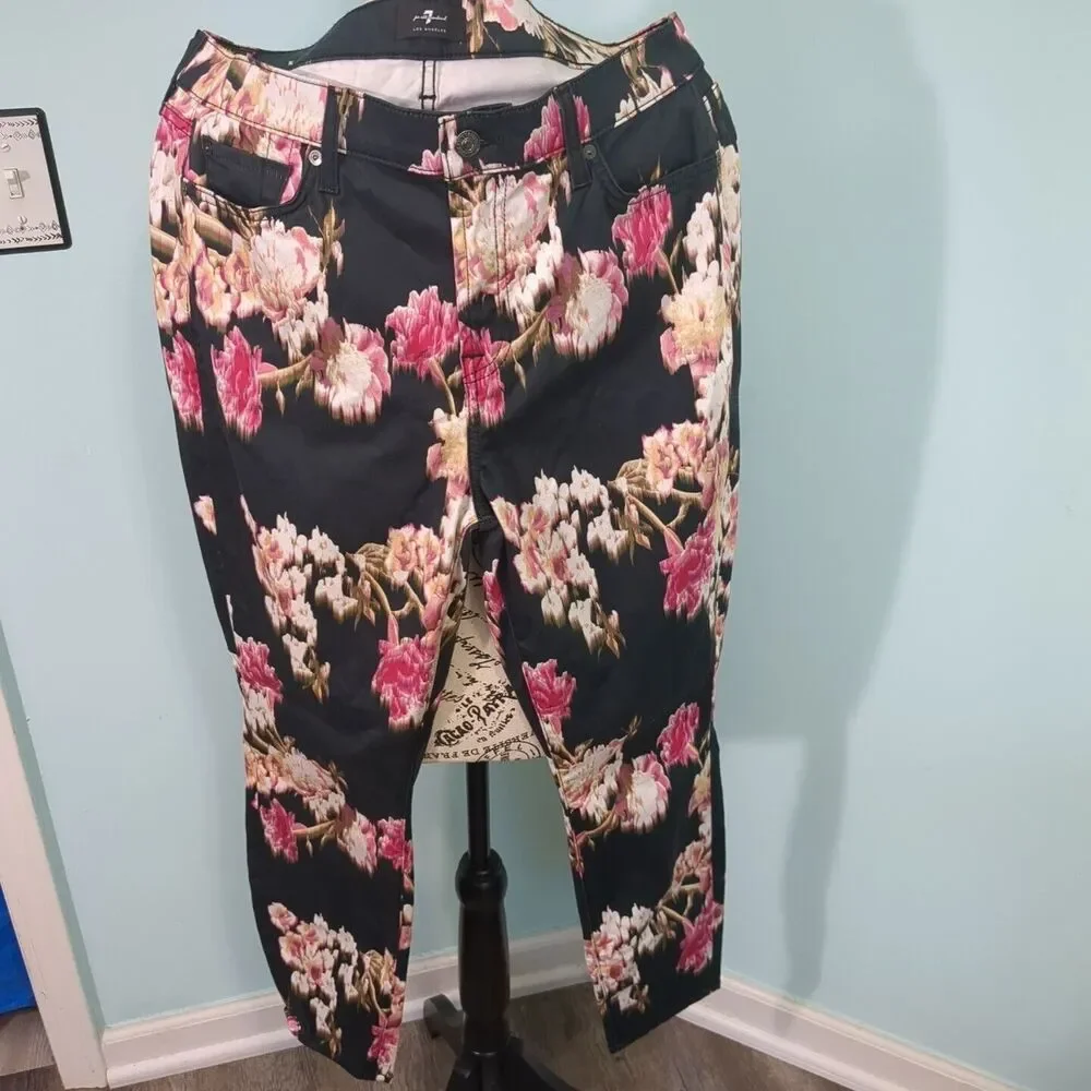 7 For All Mankind Black Floral Print Skinny Pants sz 32
